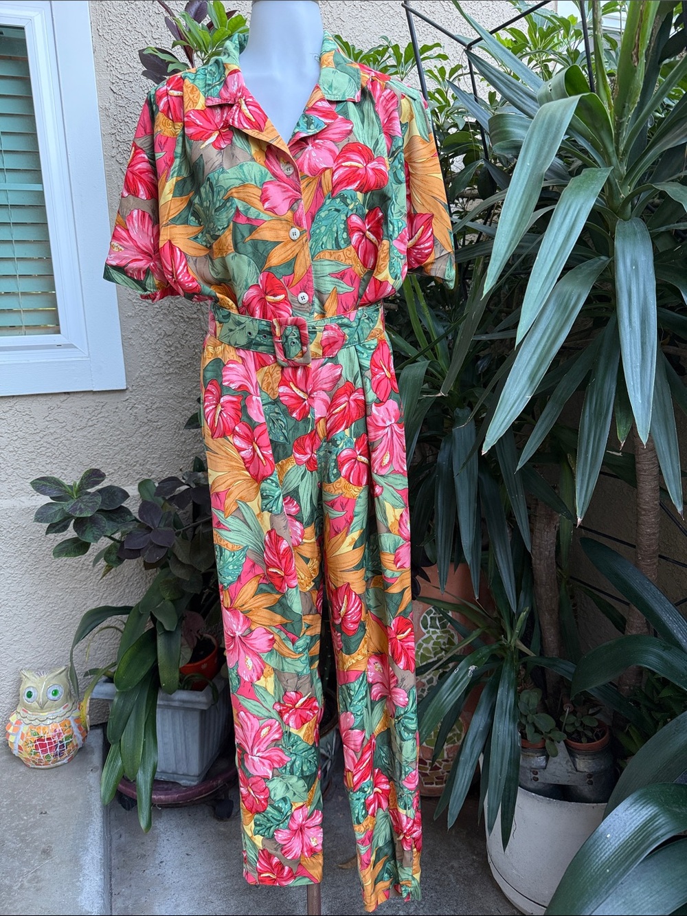 Vintage 80’s Floral Belted Rayon Jumpsuit - Tropical Print with Pocket